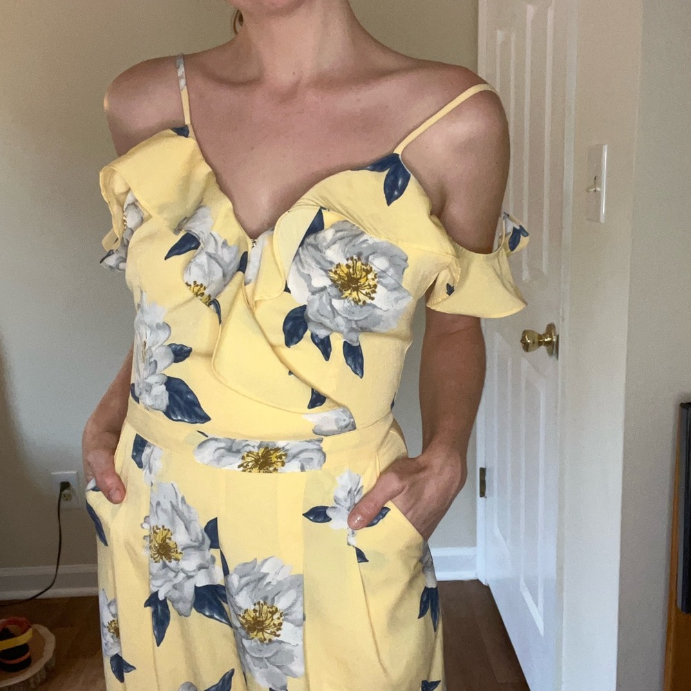 SOLD J.O.A. Butter Yellow Floral Ruffle Jumpsuit - Picture 6 of 9